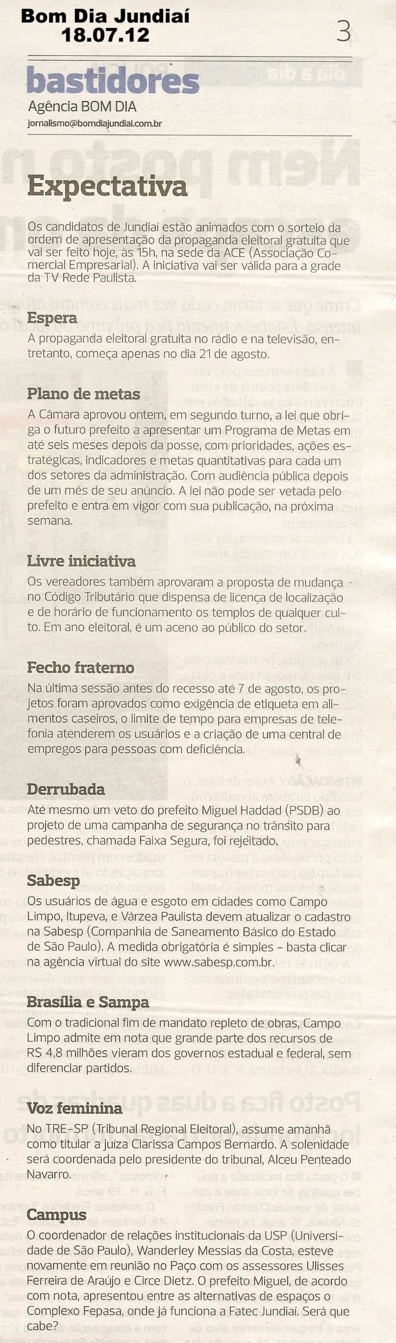 Bom Dia Jundiaí - 18/07/2012