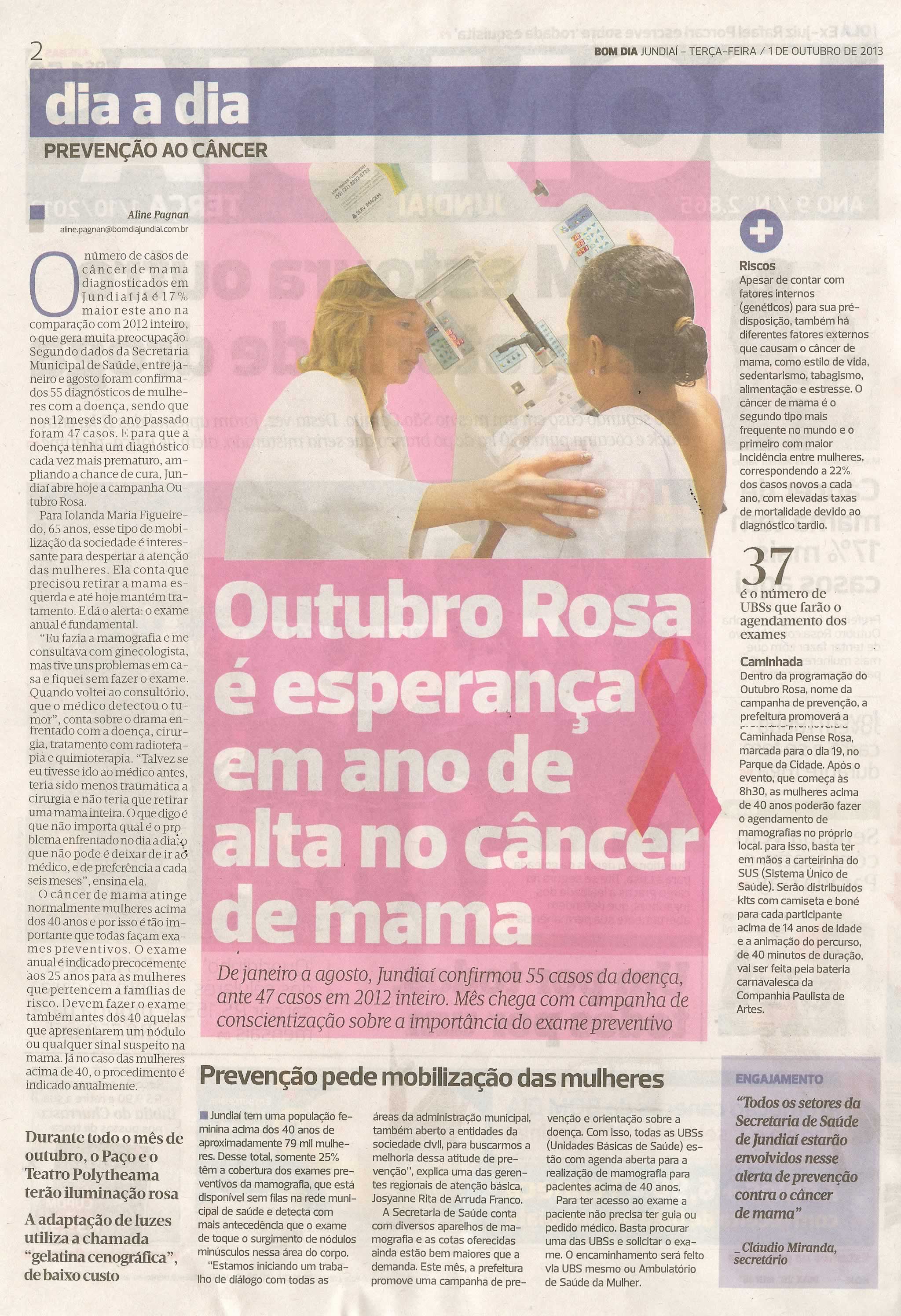Bom Dia Jundiaí - 01/10/13 - pagina 2 - Outubro rosa é esperança em ano de alto no câncer de mama -