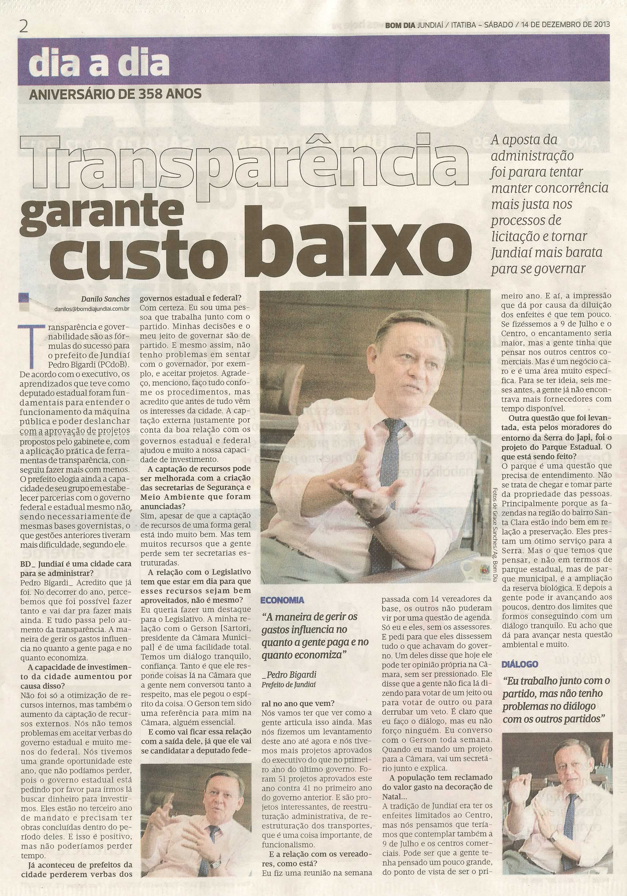 Bom Dia Jundiaí - 14/12/13 - pg 2 - Transparência garante custo baixo - 