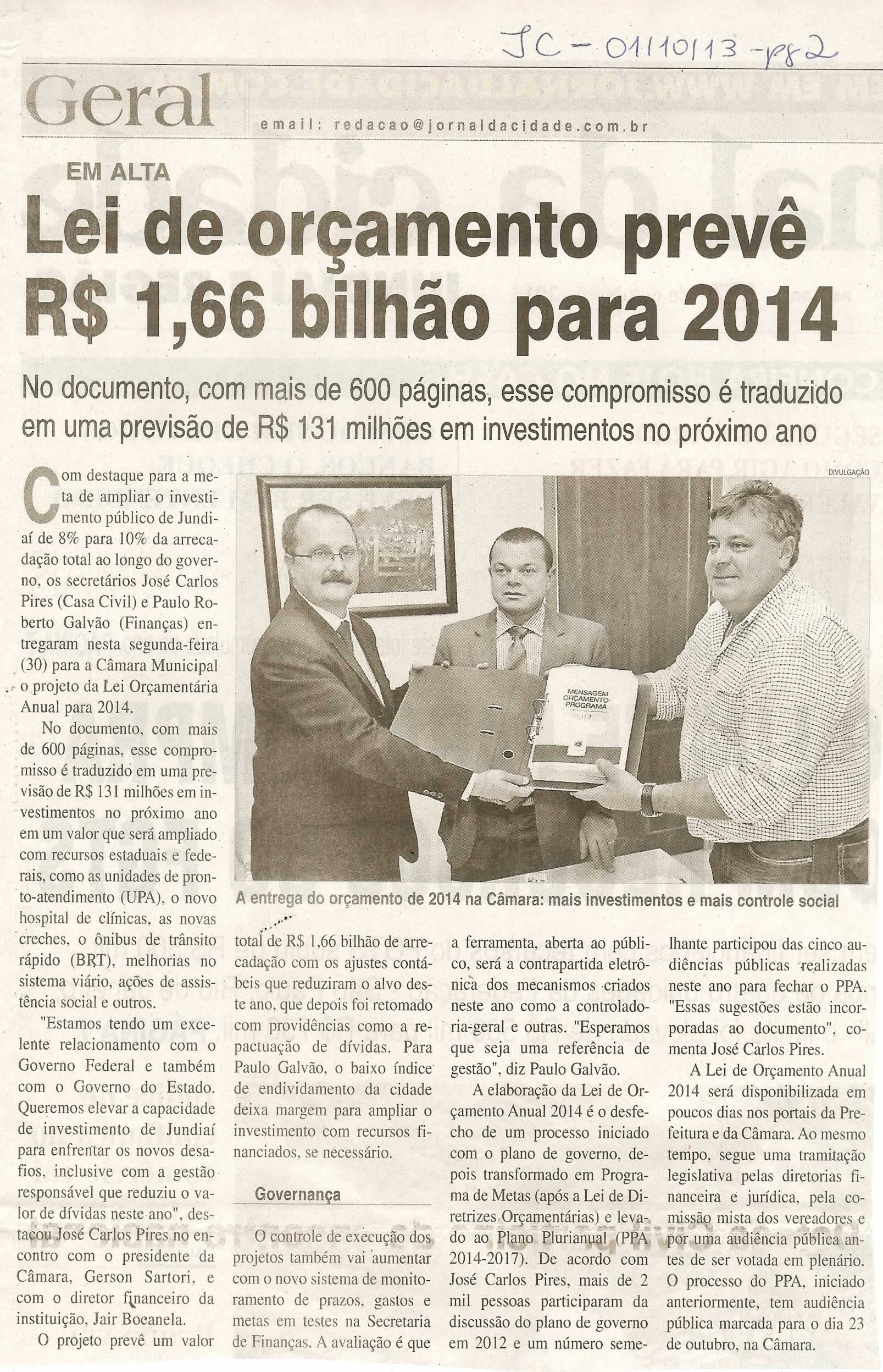 JC - 01/10/13 - pagina 2 - geral - Lei de orçamento prevê R$ 1,66 bilhão para 2014 - 