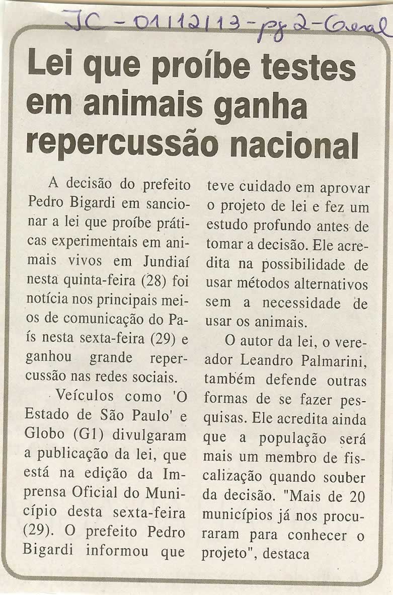 JC - 01/12/13 - pg 2 - Geral - Lei que proíbe testes em animais ganha repercussão nacional