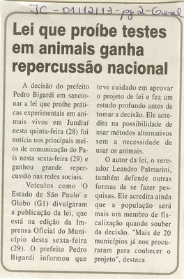 JC - 01/12/13 - pg 2 - Geral - Lei que proíbe testes em animais ganha repercussão nacional