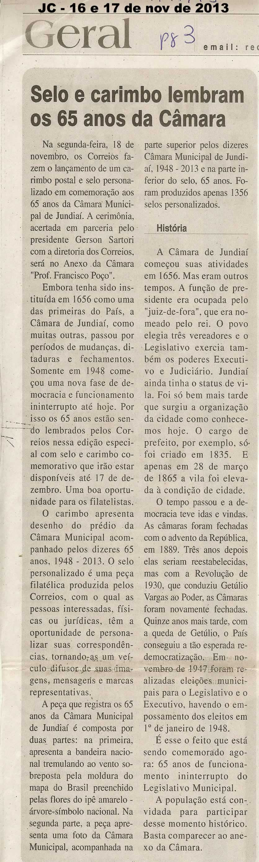JC - 16 e 17/11/13 - pg 3 - Geral - Selo e carimbo lembram os 65 anos da Câmara - 