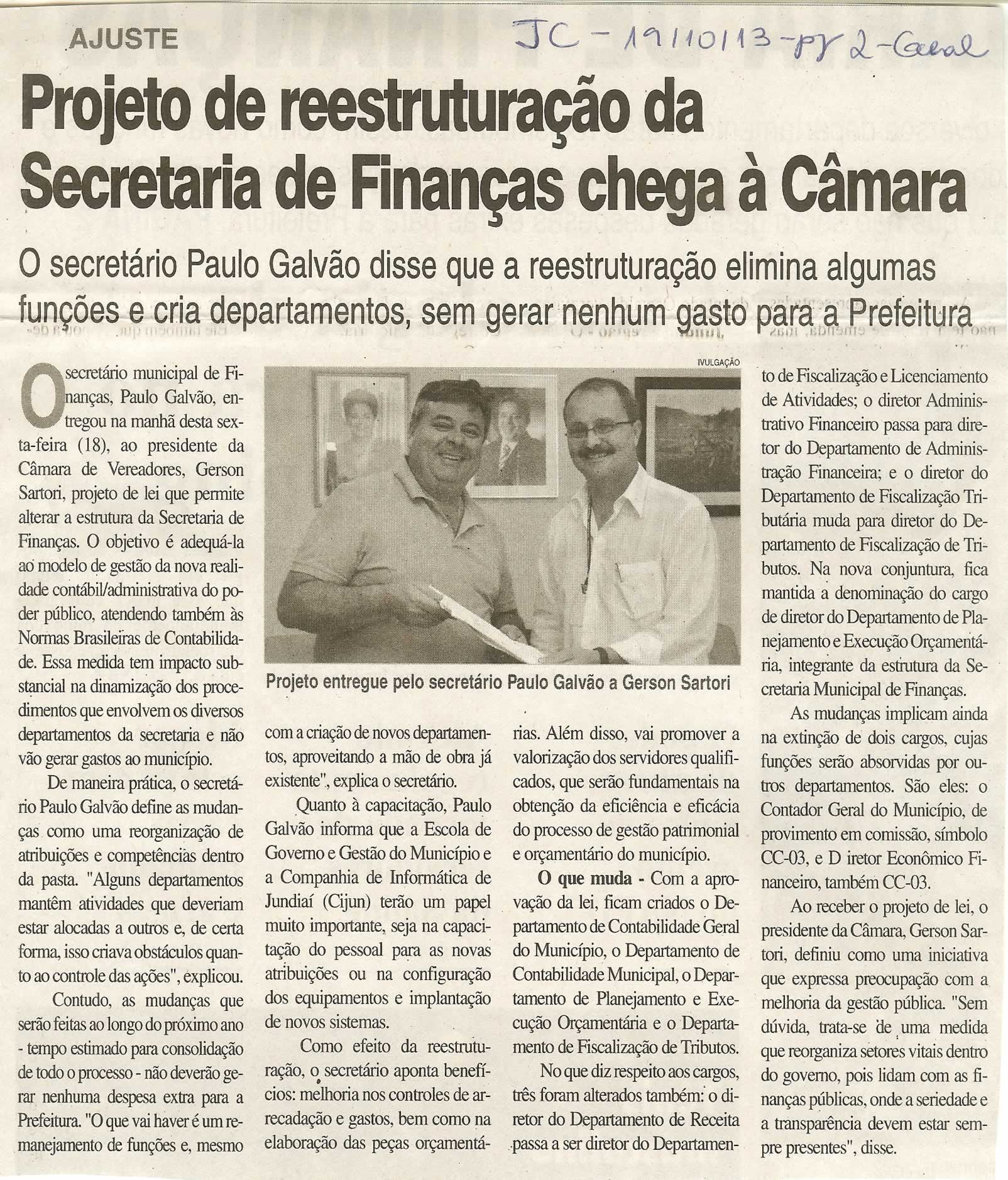 JC - 19/10/13 - pagina 2 - geral - Projeto de reestruturação da secretaria de finanças chega à Câmara - 