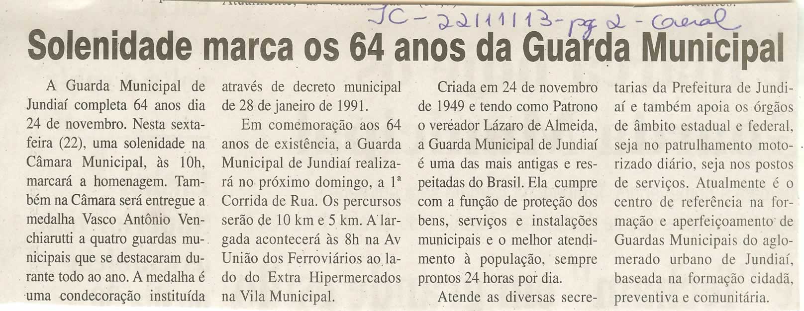 JC - 22/11/13 - pg 2 - Geral - Solenidade marca os 64 anos da Guarda Municipal -