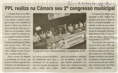 JC - 27/10/13 - pagina 2 - geral - PPL realiza na Câmara seu 2º congresso municipal -
