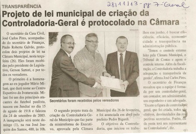 JC - 28/11/13 - pg 7 - Geral - Projeto de lei municipal de criação da Controladoria-Geral é protocolado na Câmara -