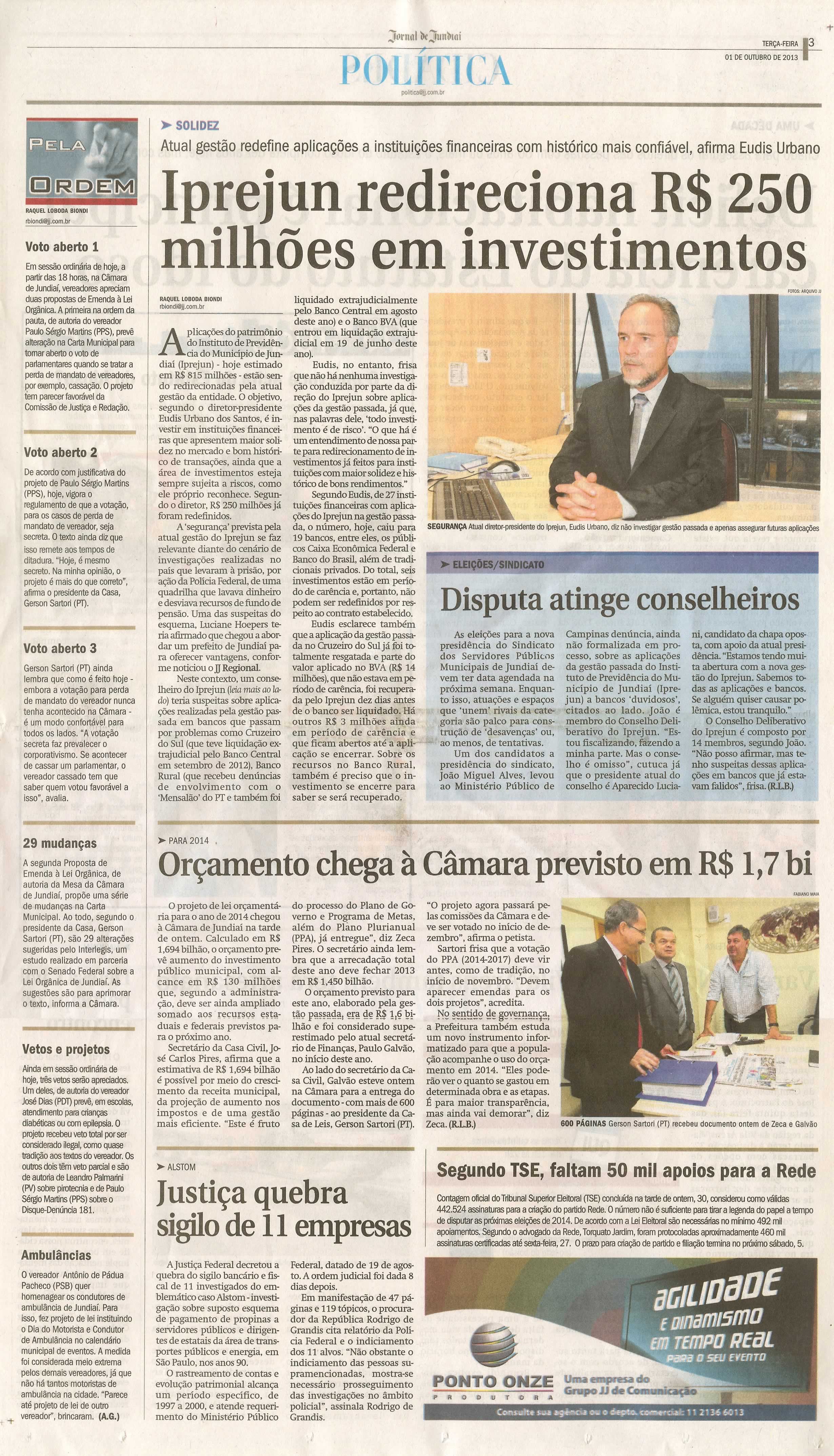 JJ - 01/10/13 - pagina 3 - política - Iprejun redireciona R$ 250 milhões em investimentos - 