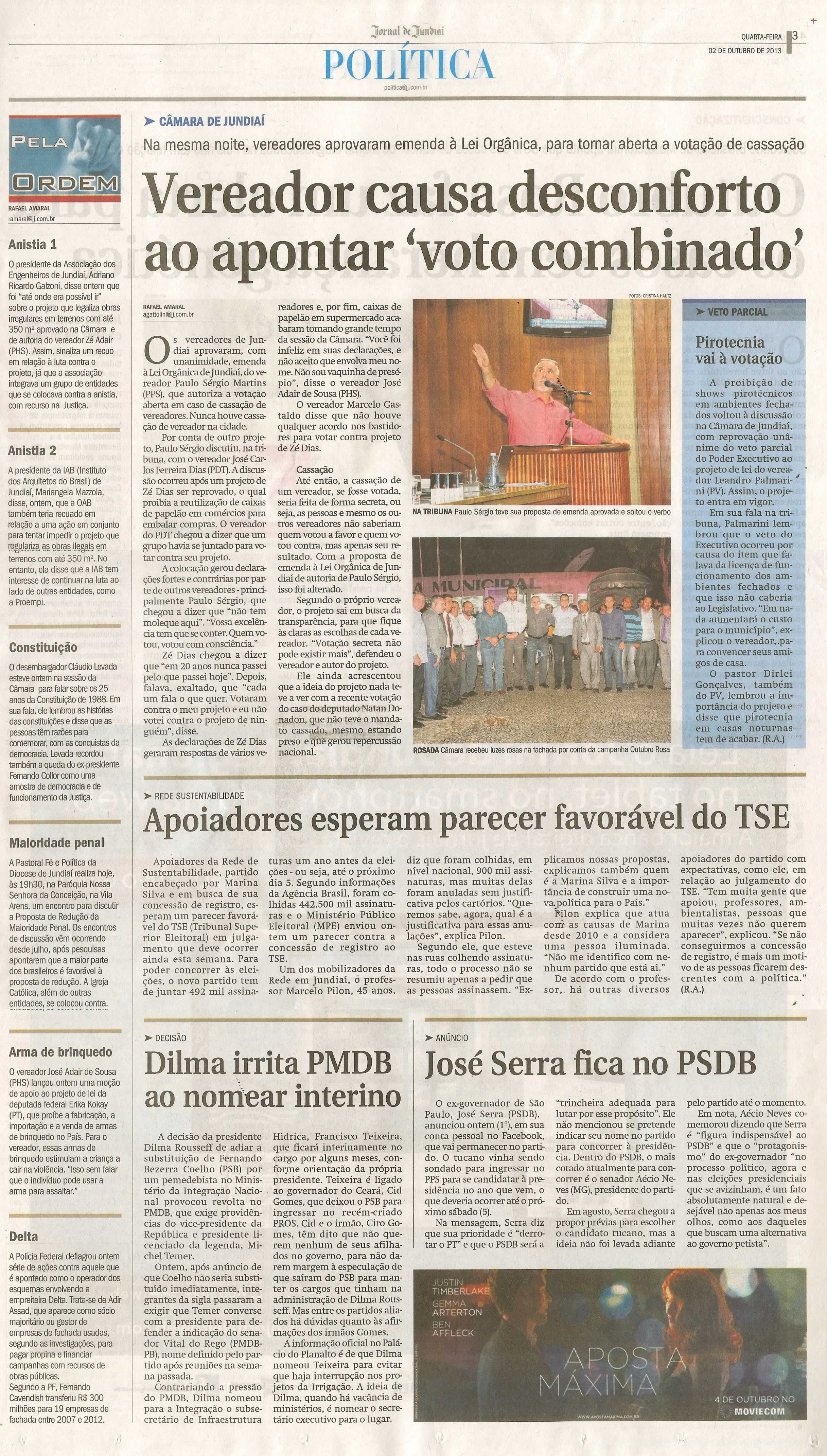 JJ - 02/10/13 - pagina 3 - política - Vereador causa desconforto ao apontar voto combinado - 