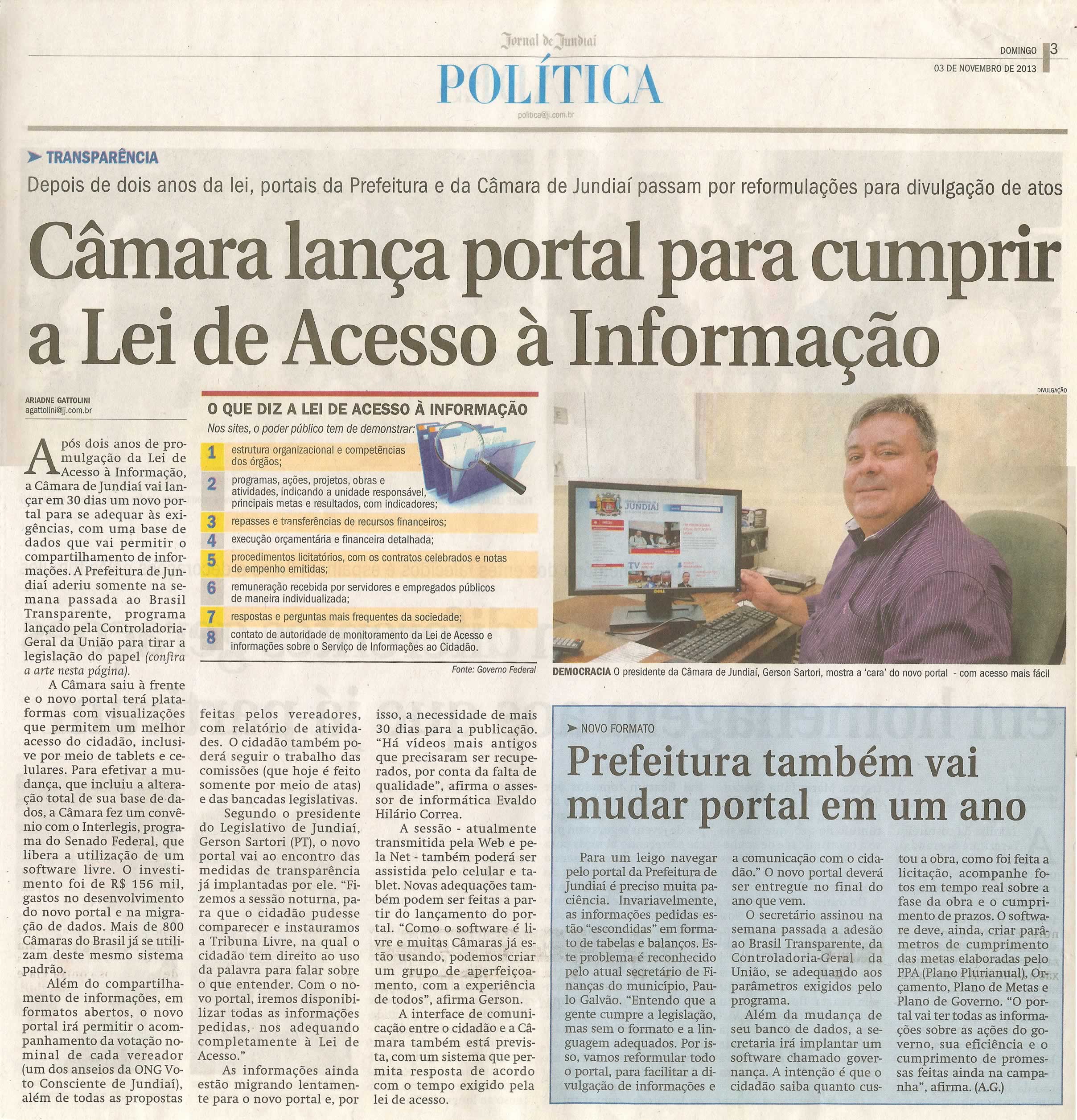 JJ - 03/11/13 - pagina 3 - política - Câmara lança portal para cumprir a Lei de Acesso à Informação - 