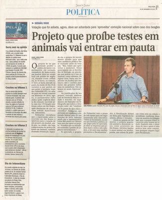 JJ - 05/11/13 - pg 3 - Polítia - Projeto que proíbe testes em animais vai entrar em pauta - 