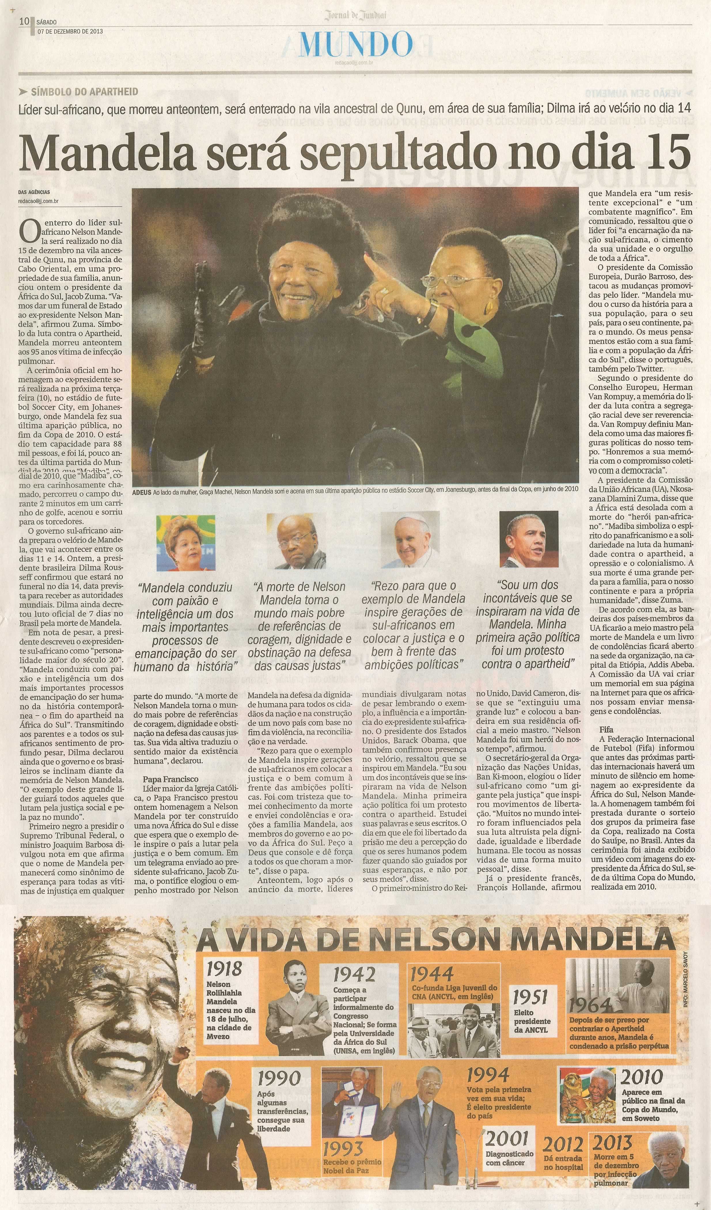 JJ - 07/12/13 - pg 10 - Mundo - Mandela será sepultado no dia 15 -