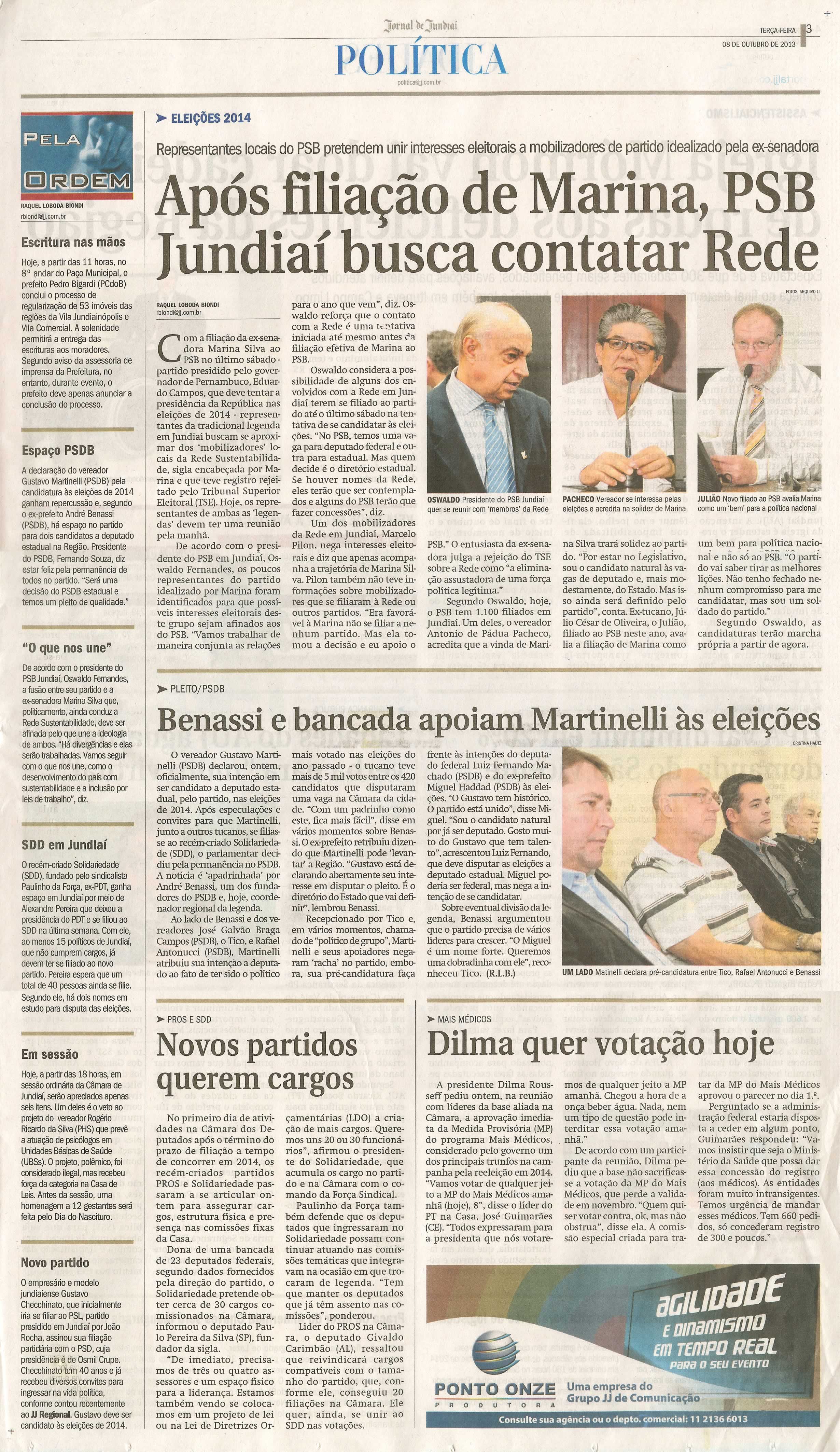JJ - 08/10/13 - pagina 3 - política - Após filiação de Marina, PSB Jundiaí busca contatar Rede -