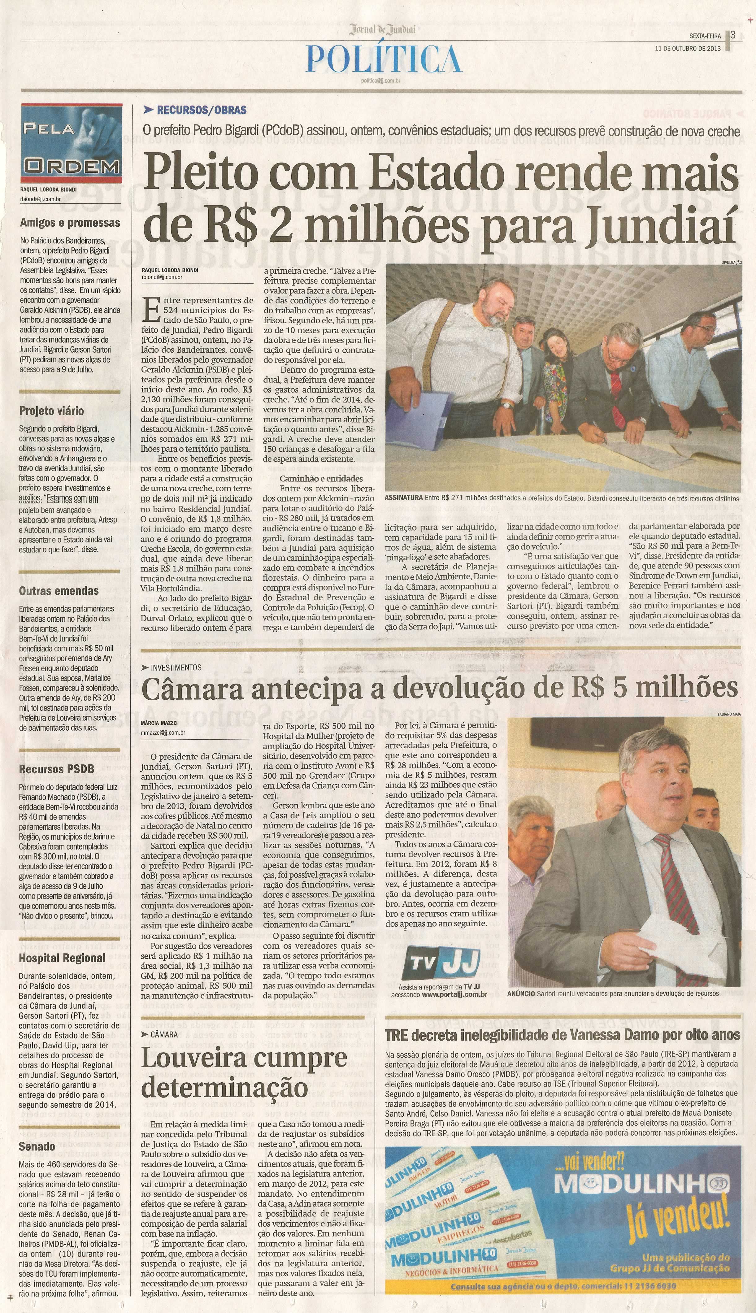JJ - 11/10/13 - pagina 3 - política - Pleito com estado rende mais de R$ 2 milhões para jundiaí -