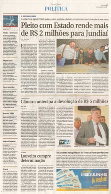 JJ - 11/10/13 - pagina 3 - política - Pleito com estado rende mais de R$ 2 milhões para jundiaí -