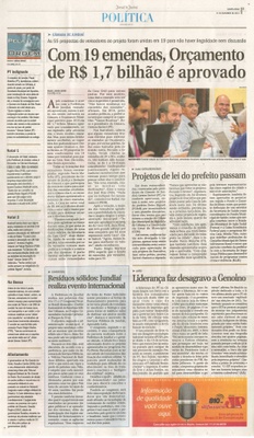 JJ - 11/12/13 - pg 3 - Política - Com 19 emendas, Orçamento de R$ 1,7 bilhão é aprovado -