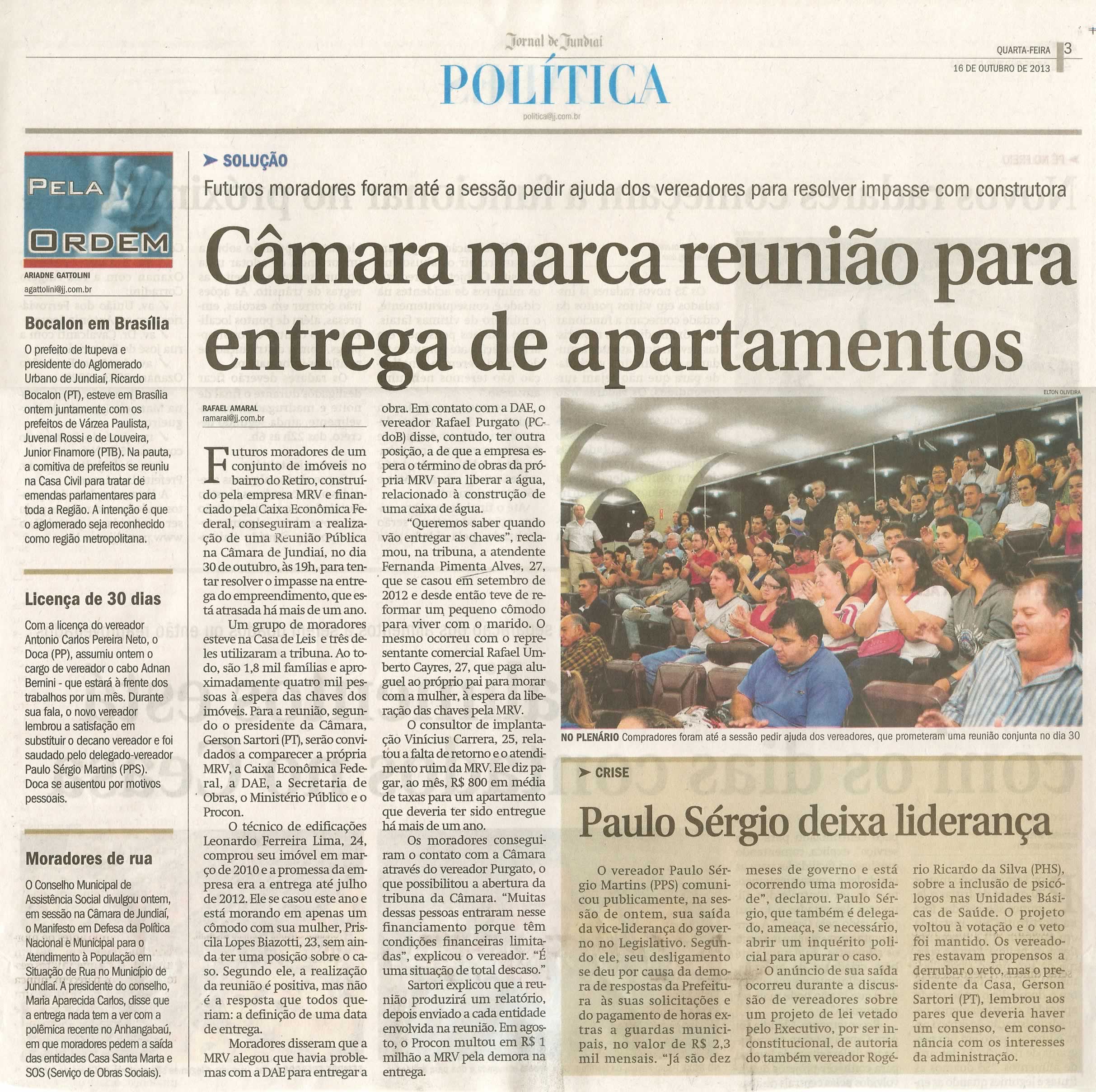 JJ - 16/10/13 - pagina 3 - política - Câmara marca reunião para entrega de apartamentos - Paulo Sergio deixa liderança - 