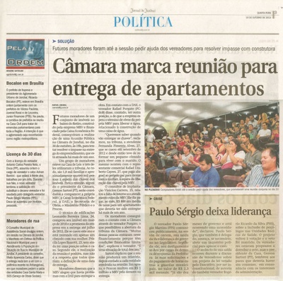 JJ - 16/10/13 - pagina 3 - política - Câmara marca reunião para entrega de apartamentos - Paulo Sergio deixa liderança - 
