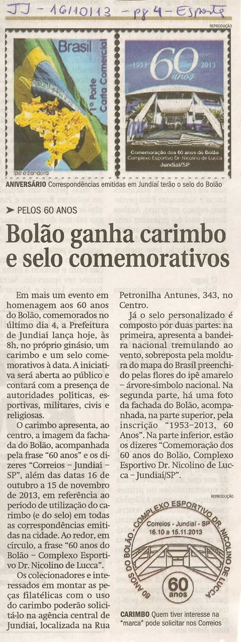 JJ - 16/10/13 - pagina 4 - esportes - Bolão ganha carimbo e selo comemorativos -