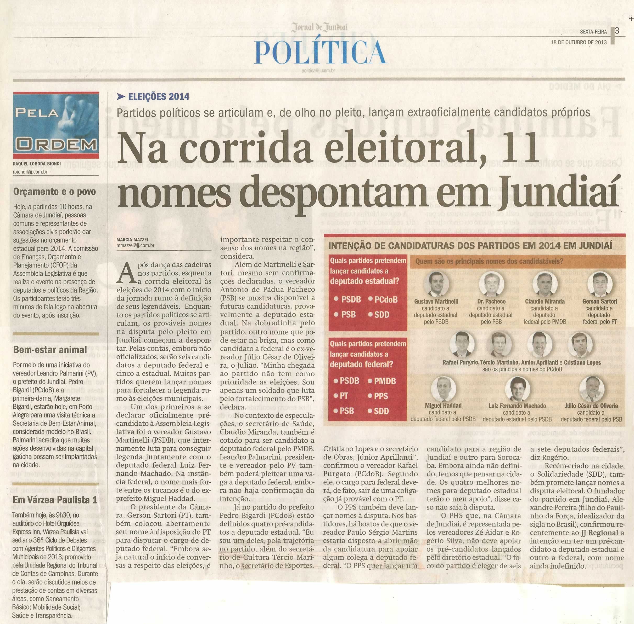 JJ - 18/10/13 - PAGINA 3 - política - Na corrida eleitoral, 11 nomes despontam em Jundiaí - 