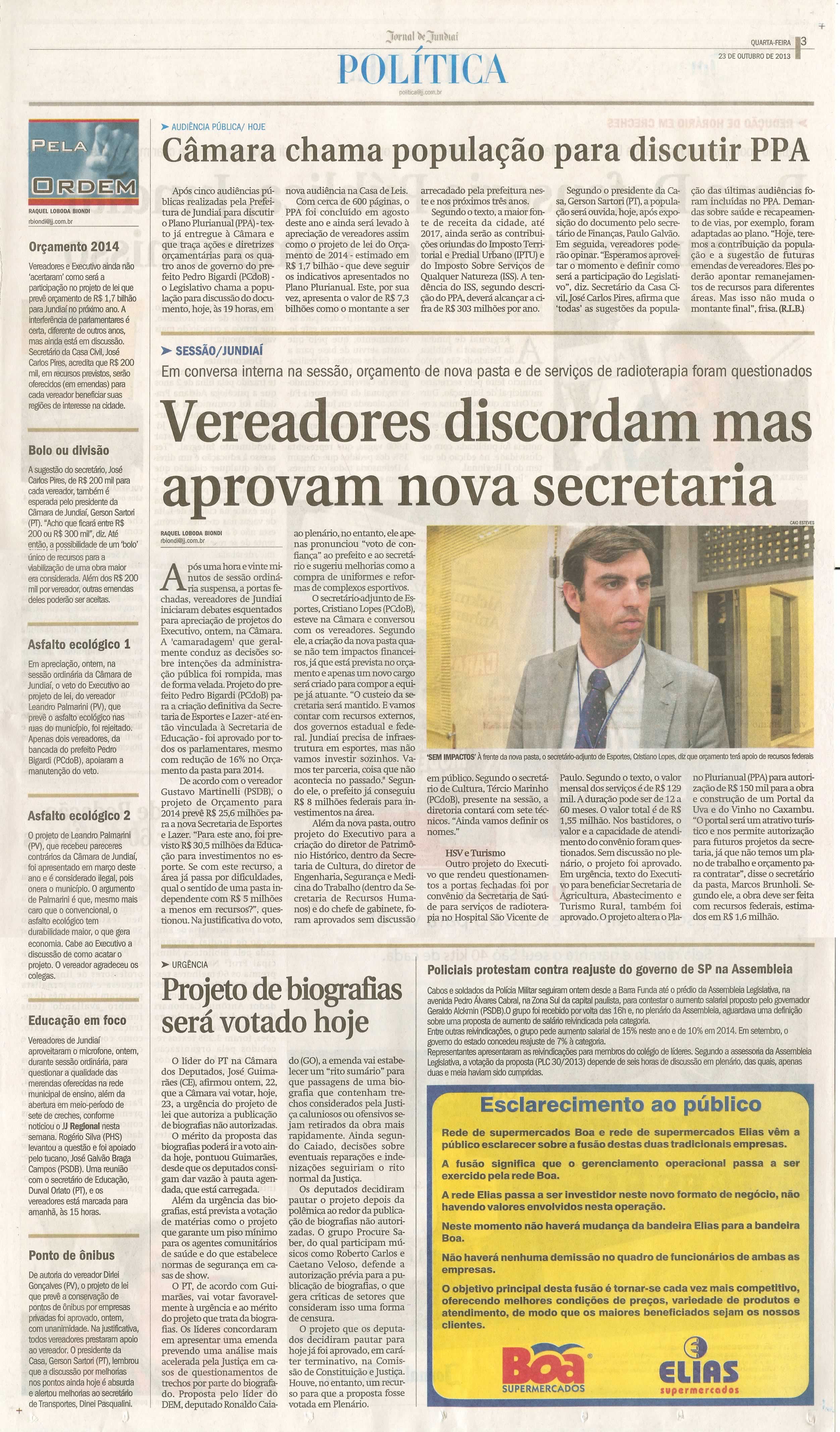 JJ - 23/10/13 - pagina 3 - política - Câmara chama população para discutir PPA -