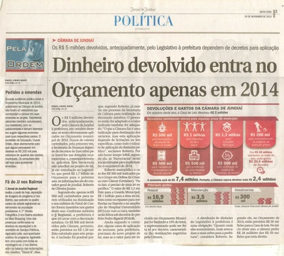 JJ - 29/11/13 - pg 3 - Política - Dinheiro devolvido entra no Orçamento apenas em 2014 -