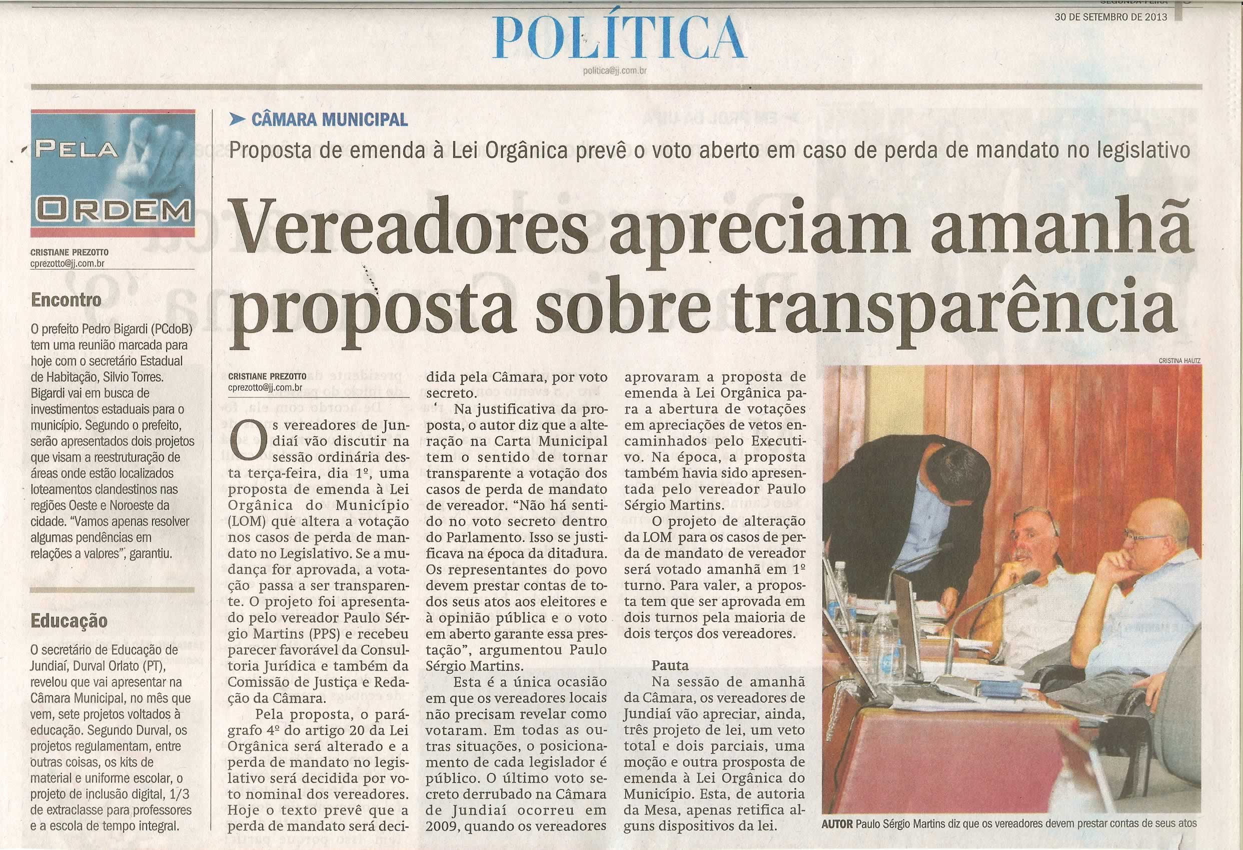 JJ - 30/09/13 - pagina 3 - política - Vereadores apreciam amanhã proposta sobre transparência - 