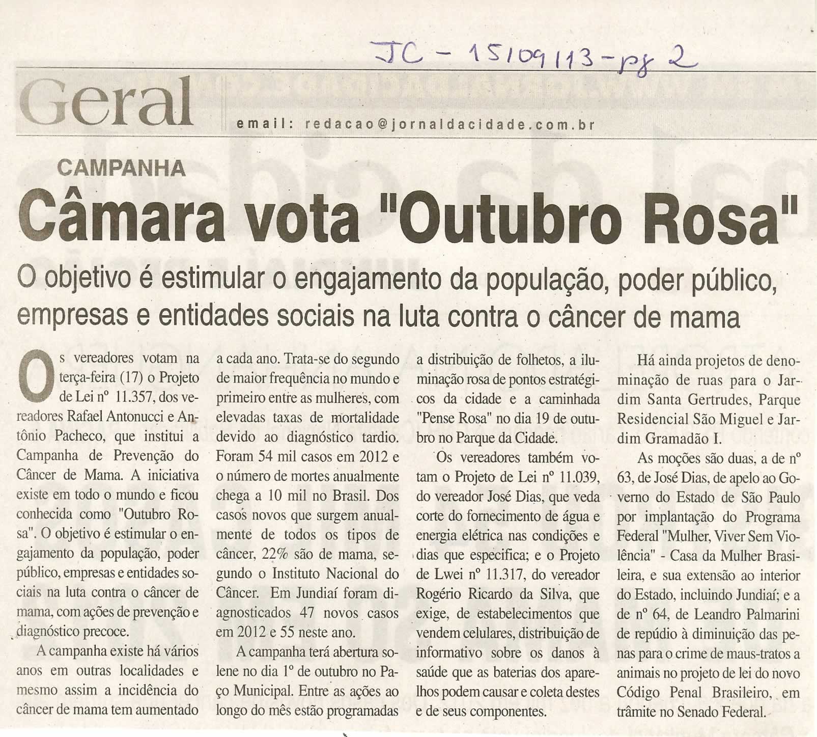 Jornal da Cidade - 15/09/13 - pagina 2 - Geral - CÂMARA VOTA OUTUBRO ROSA -