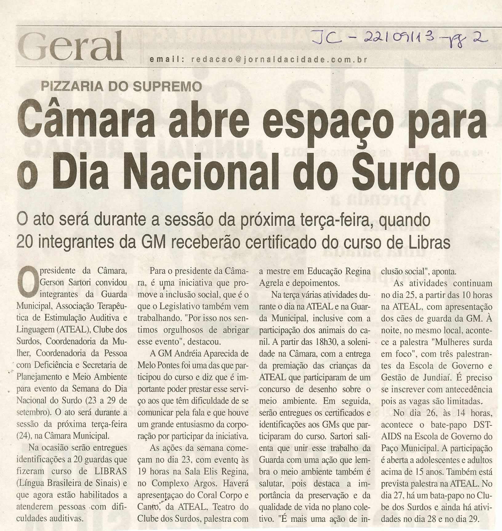 Jornal da Cidade - 22/09/13 - pagina 2 - geral - Câmara abre espaço para o dia nacional do surdo -