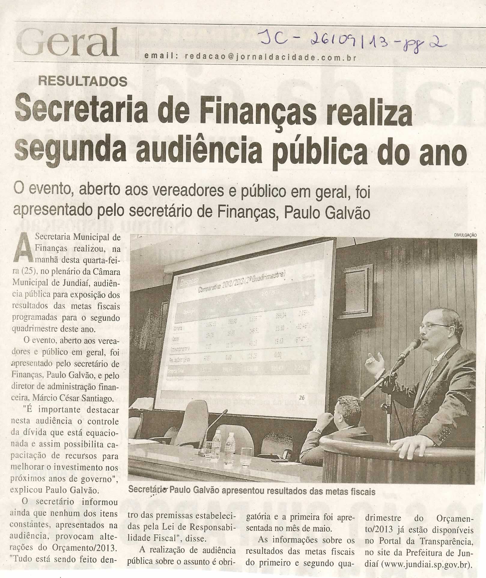 Jornal da Cidade - 26/09/13 - pagina 2 - geral - Secretaria de finanças realiza segunda audiência pública do ano - 