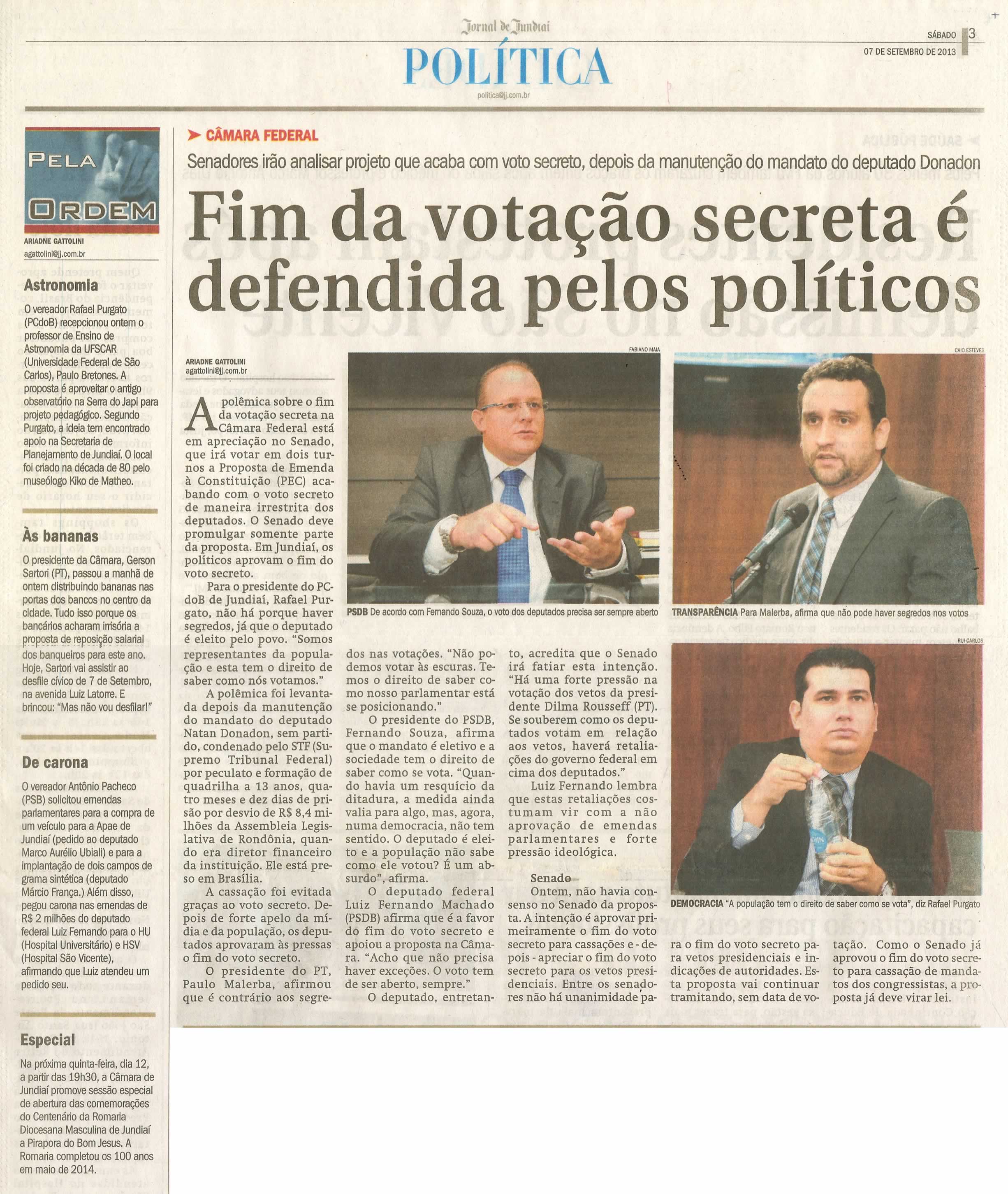 Jornal de Jundiaí - 07/09/13 - Pagina 3 - Política - Fim da votação secreta é defendida pelos políticos -