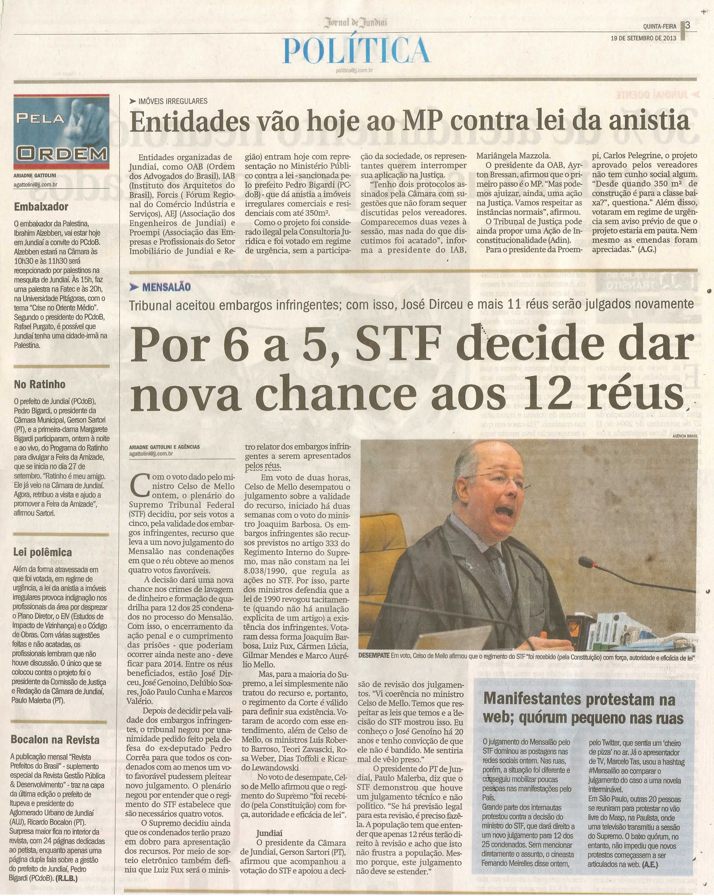 Jornal de Jundiaí - 12/09/13 - pagina 3 - política - Entidades vão hoje ao MP contra lei de anistia - Pela ordem -