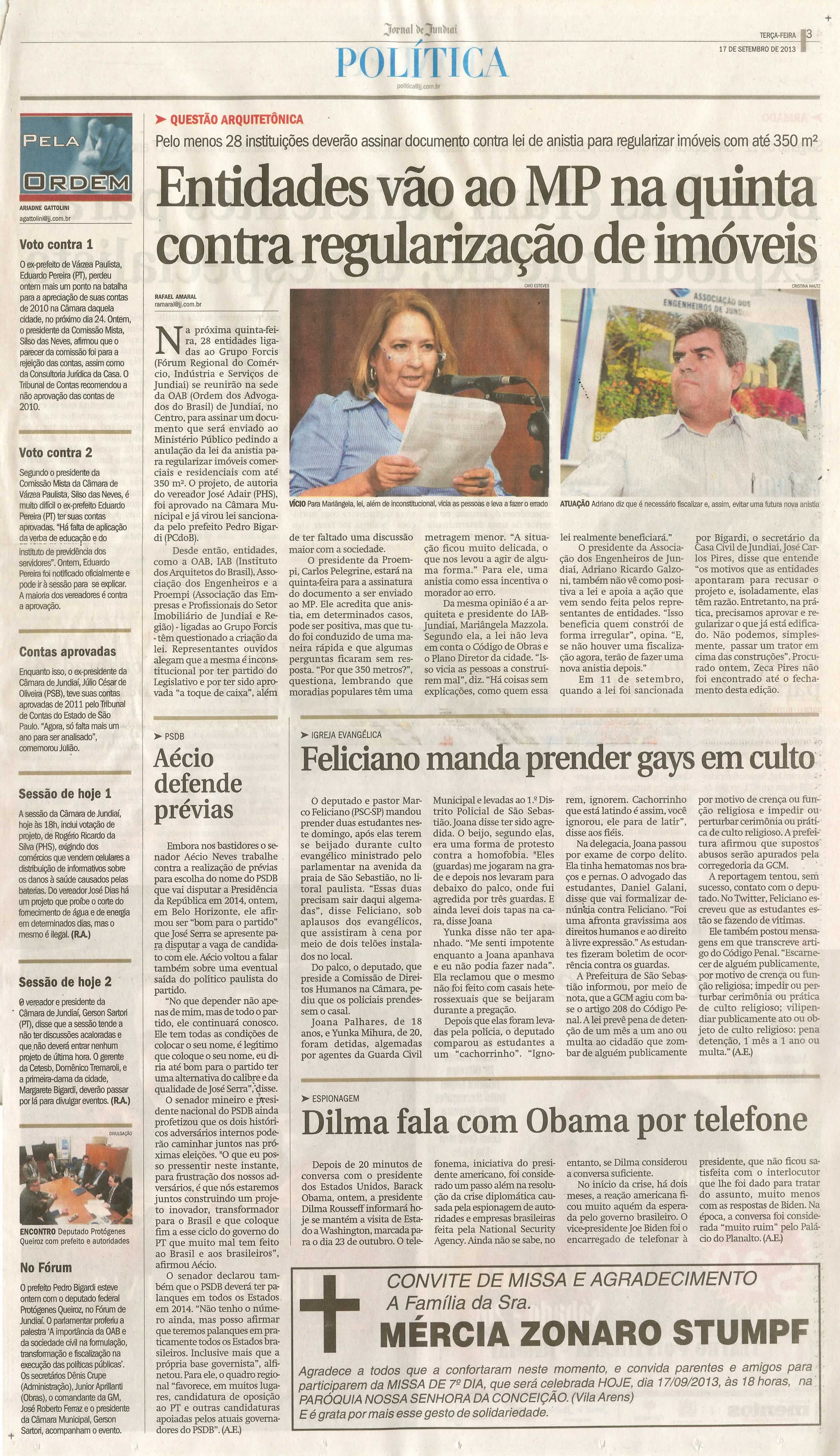 Jornal de Jundiaí - 17/09/13 - pagina 3 - política - Entidades vão ao MP na quinta contra regularização de imóveis -