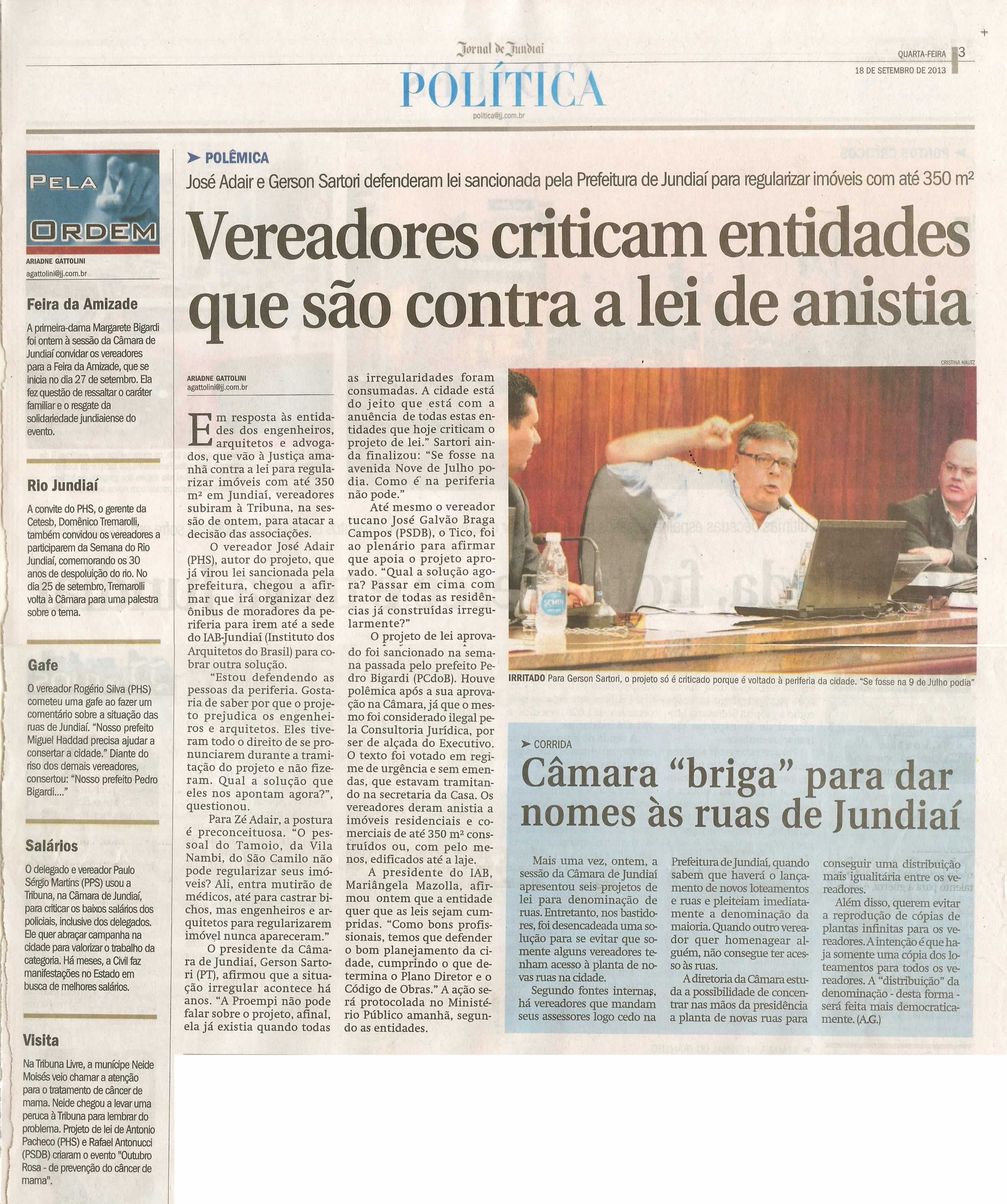 Jornal de Jundiaí - 18/09/13 - pagina 3 - política - Vereadores criticam entidades que são contra a lei da anistia - Pela ordem - 