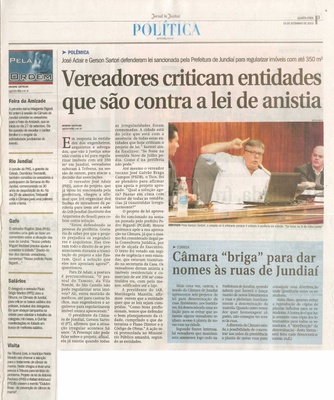 Jornal de Jundiaí - 18/09/13 - pagina 3 - política - Vereadores criticam entidades que são contra a lei da anistia - Pela ordem - 