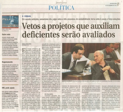 Jornal de Jundiaí - 23/09/13 - pagina 3 - política - Vetos a projetos que auxiliam deficientes serão avaliados -