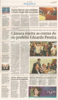 Jornal de Jundiaí - 25/09/13 - pagina 3 - política - Gerson discute com estudante e paulo sérgio fala em prisão - Câmara rejeita as contas do ex-prefeito Eduardo Pereira -