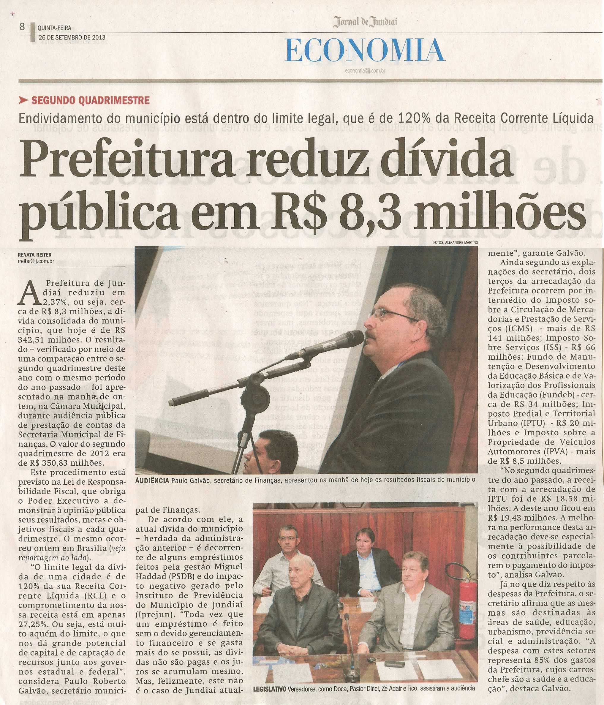 Jornal de Jundiaí - 26/09/13 - pagina 8 - economia - Prefeitura reduz dívida pública em R$ 8,3 milhões - 