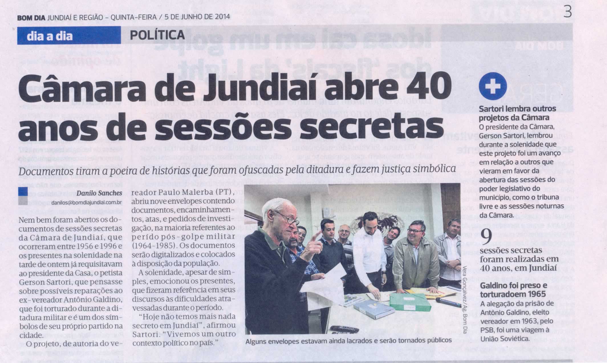 Bom Dia – 05/06/2014 – pg 3 – Política – Câmara de Jundiaí abre 40 anos de sessões secretas..