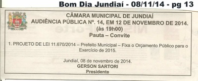 Bom Dia Jundiaí - 08/11/14 - pg 14 - Audiência Pública nº 14 - Câmara Municipal de Jundiaí