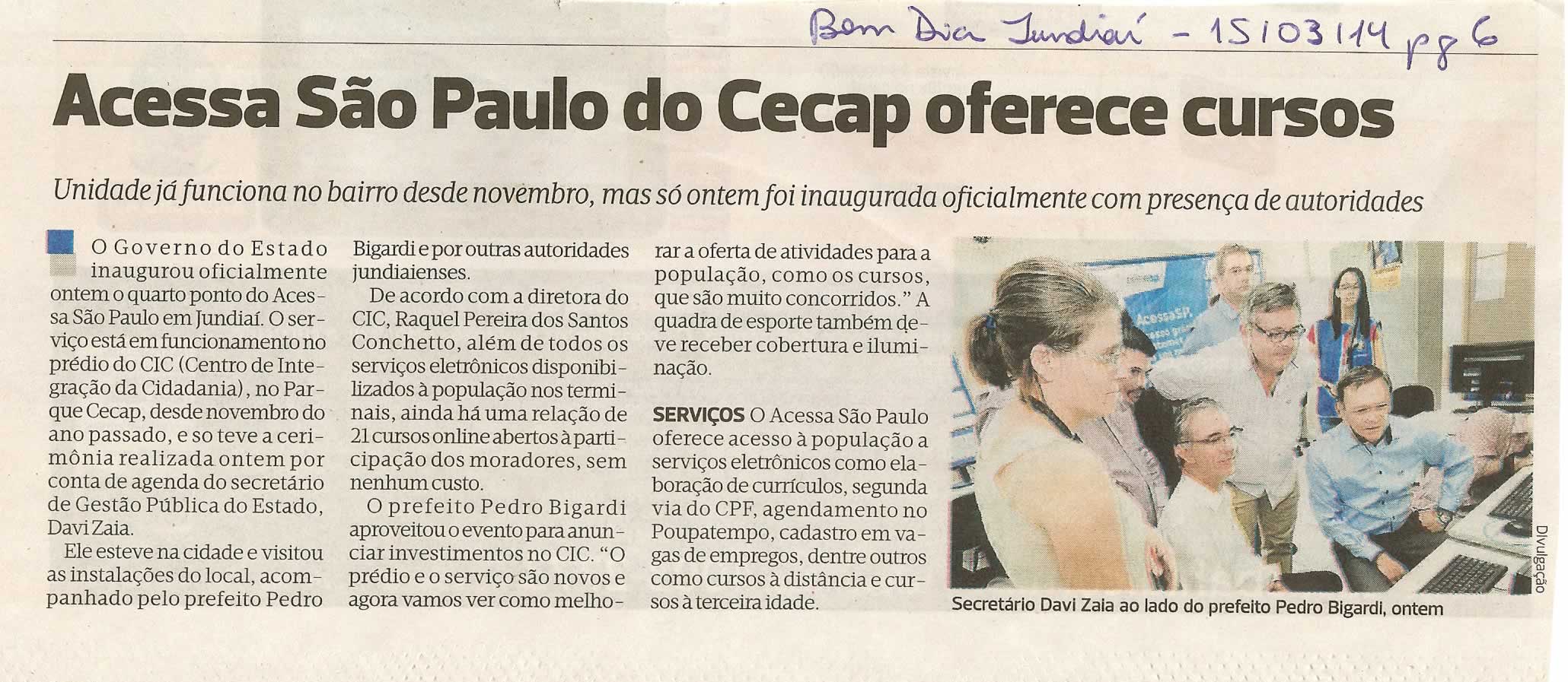 Bom Dia Jundiaí - 15/03/14 - pg 6 - Acessa São Paulo do Cecap oferece cursos -