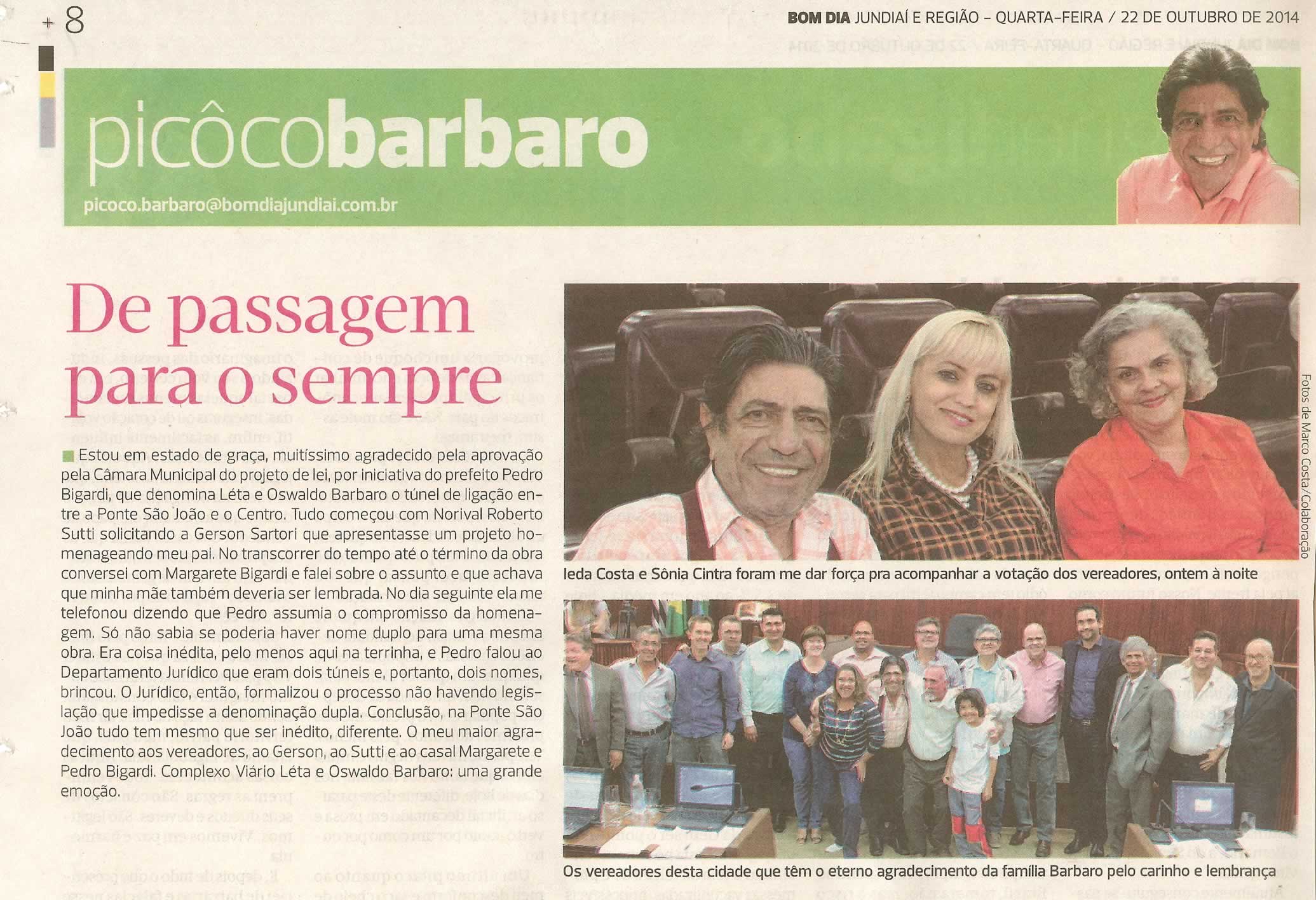 Bom Dia Jundiaí - 22/10/14 - pg 8 - picoco barbaro - De passagem para o sempre -