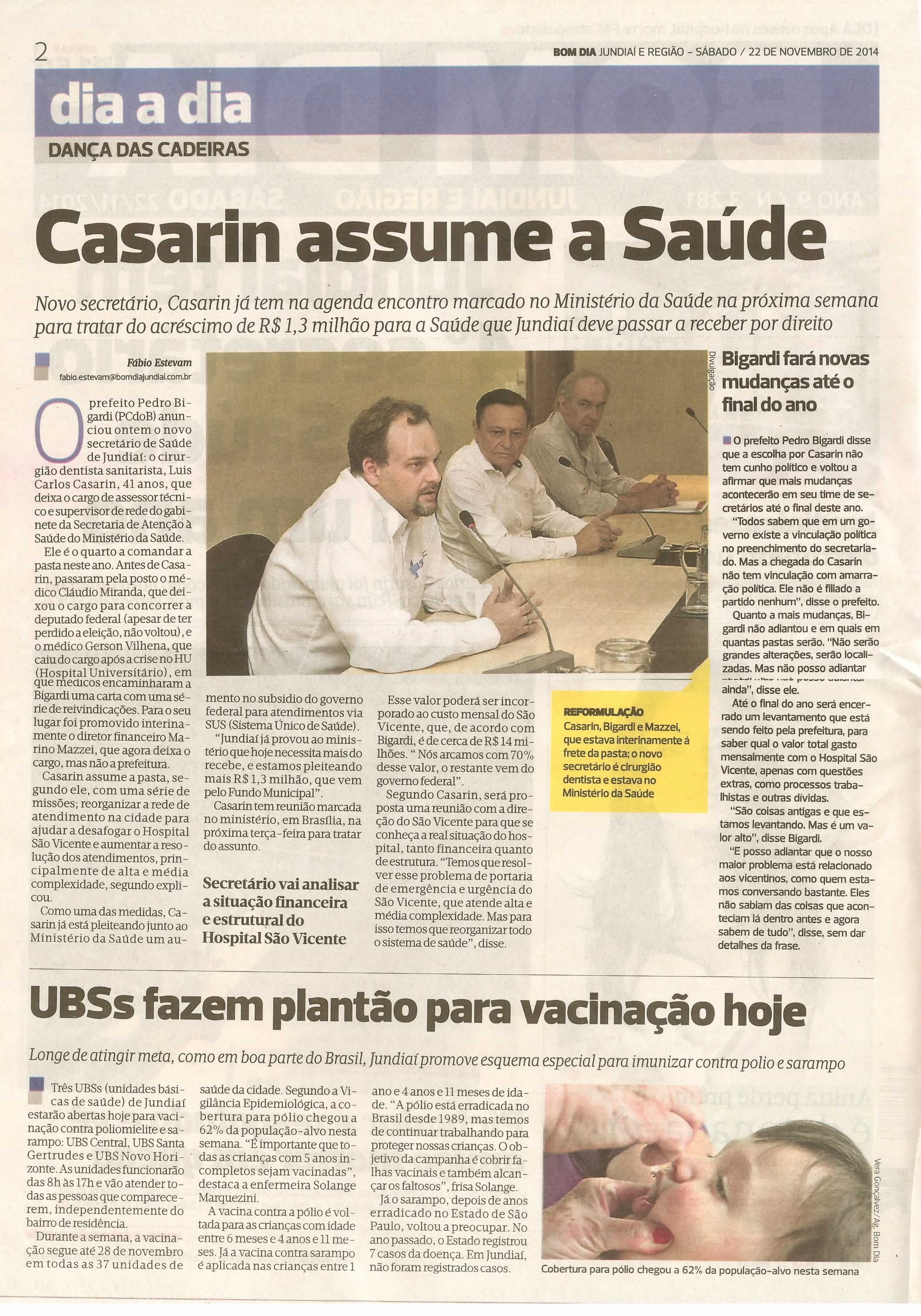 Bom Dia Jundiaí - 22/11/14 - pg 2 - Dia a dia - Casarin assume a saúde -