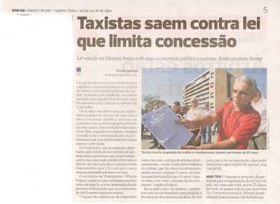 Bom Dia Jundiaí - 24/07/14 - pg 5 - Taxistas saem contra lei que limita concessão -
