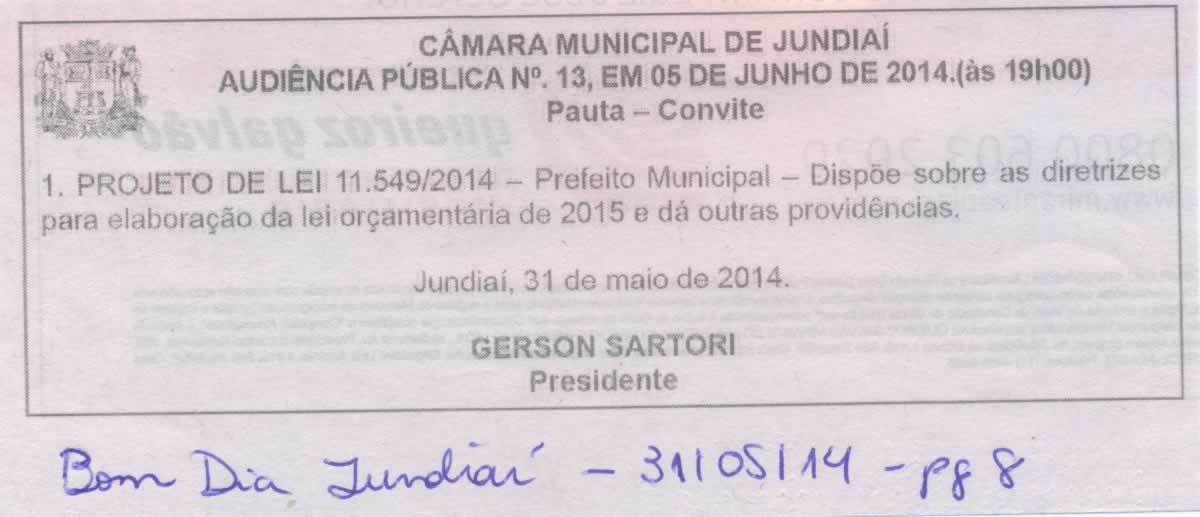 Bom Dia Jundiaí - 31/05/14 - pg 8 - - Audiência Pública nº 13 da Câmara Municipal de Jundiaí - 