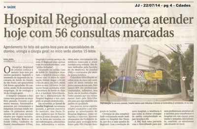 JJ - 22/07/14 - pg 4 - Cidades - Hospital Regional começa atender hoje com 56 consultas marcadas -