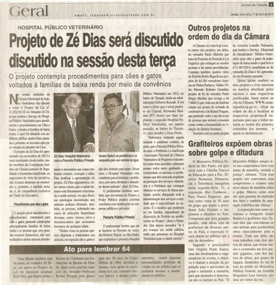 JC - 01/04/14 - pg 2 - Geral - Projeto de Zé Dias será discutido na sessão desta terça - Ato para lembrar 64 - Outros projetos na ordem do dia da Câmara - Grafiteiros expõem obras sobre golpe e ditadura -