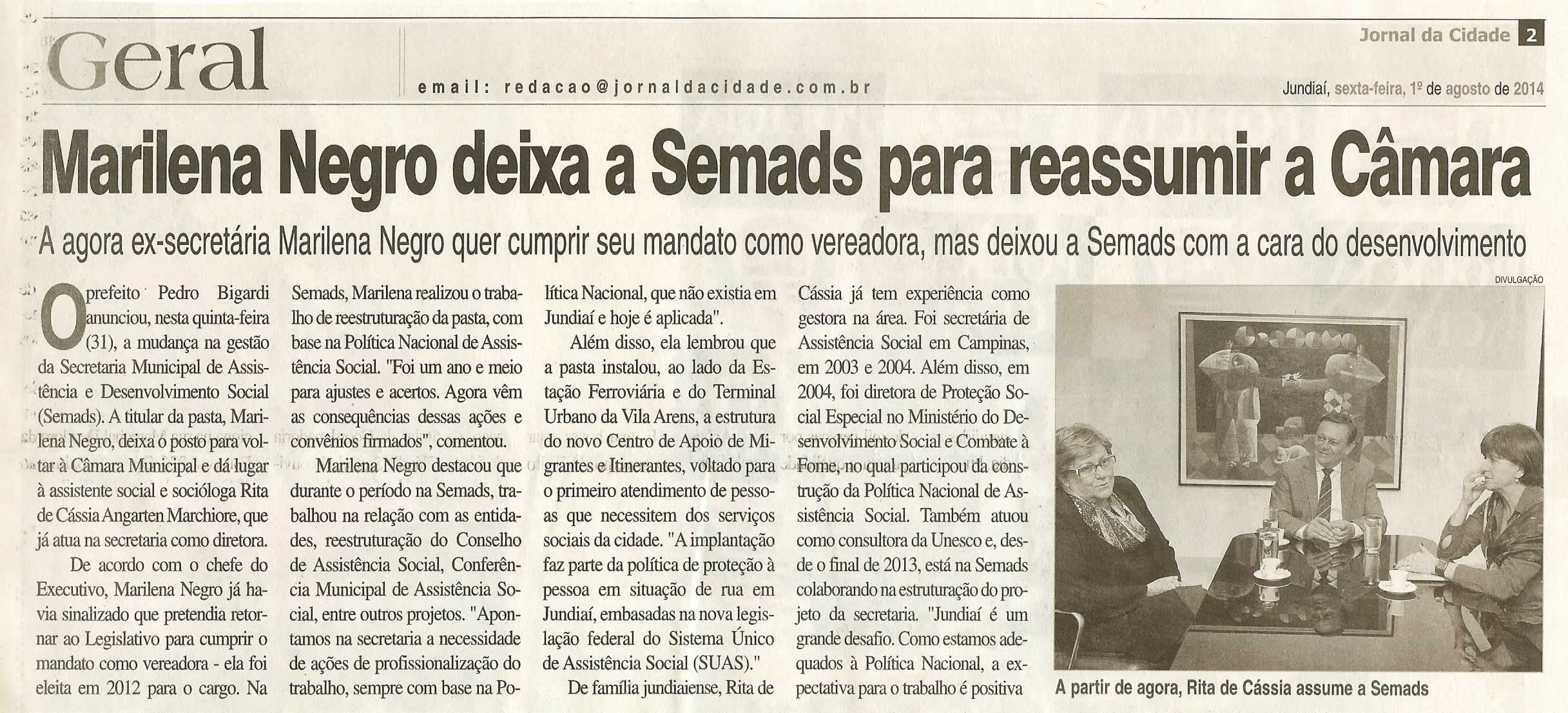 JC - 01/08/14 - pg 2 - Geral - Marilena Negro deixa a Semads para reassumir a Câmara - 