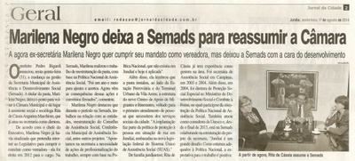 JC - 01/08/14 - pg 2 - Geral - Marilena Negro deixa a Semads para reassumir a Câmara - 