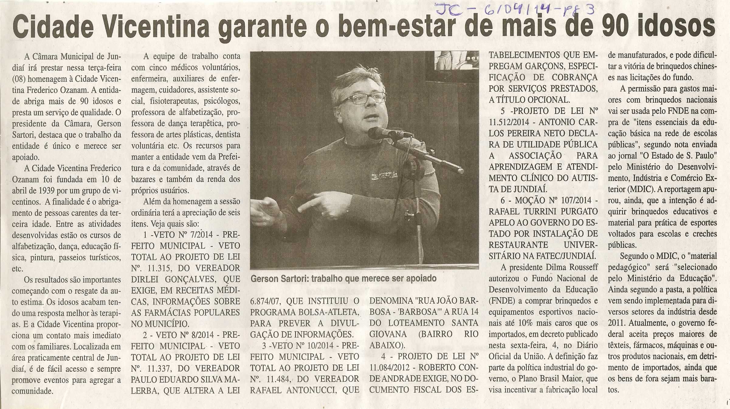 JC - 06/04/14 - pg 3 - Cidade Vicentina garante o bem-estar de mais de 90 idosos -